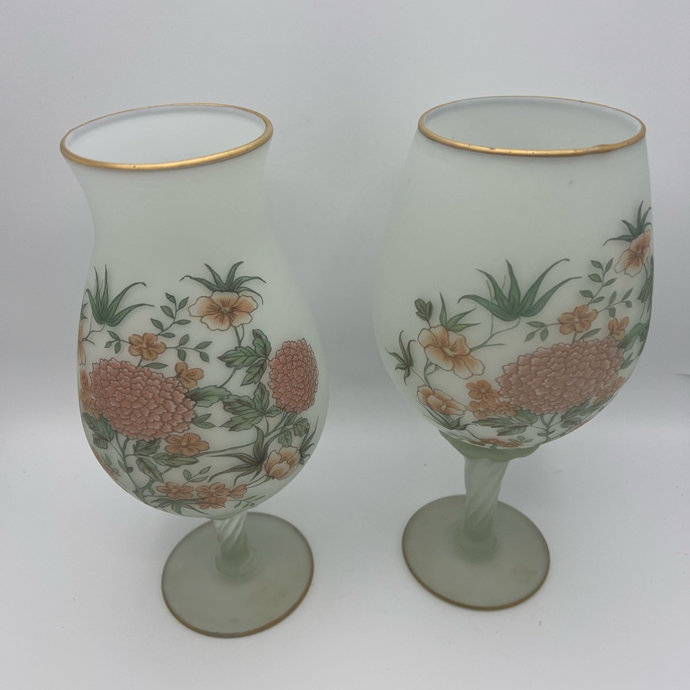 Frosted Italian Art Glass Vase pink Floral Vintage Satin Finish Norleans 2ps Set
